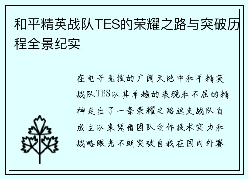 和平精英战队TES的荣耀之路与突破历程全景纪实
